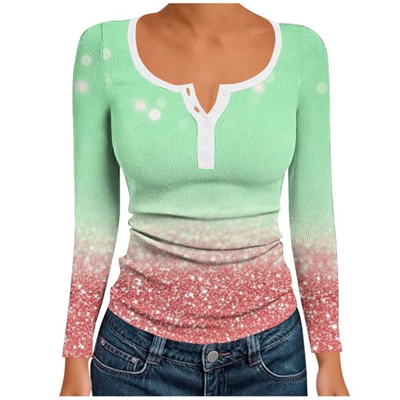CLOISE Basic Tops for Woman Lightweight Square Neck Shirt Button Graphic Long Sleeve Pullover Knit Cute Vacation Clothes