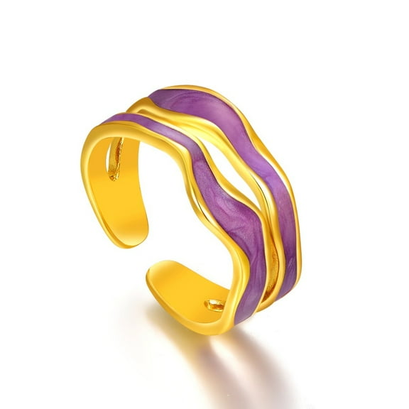 Gold-Plated Copper Ring for Women & Men, Double Layer Purple Wave Enamel Ring - Adjustable Open Band with Artistic Design, Statement Fashion Jewelry with RTT Gift Jewelry Box