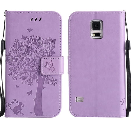 Galaxy S5 V Case, Samsung Galaxy S5 Phone Case, Allytech [Embossed Cat & Tree] PU Leather Wallet Case Folio Flip Kickstand Cover with Card Slots for Samsung Galaxy S5/Galaxy SV/Galaxy S V,Lightpurple