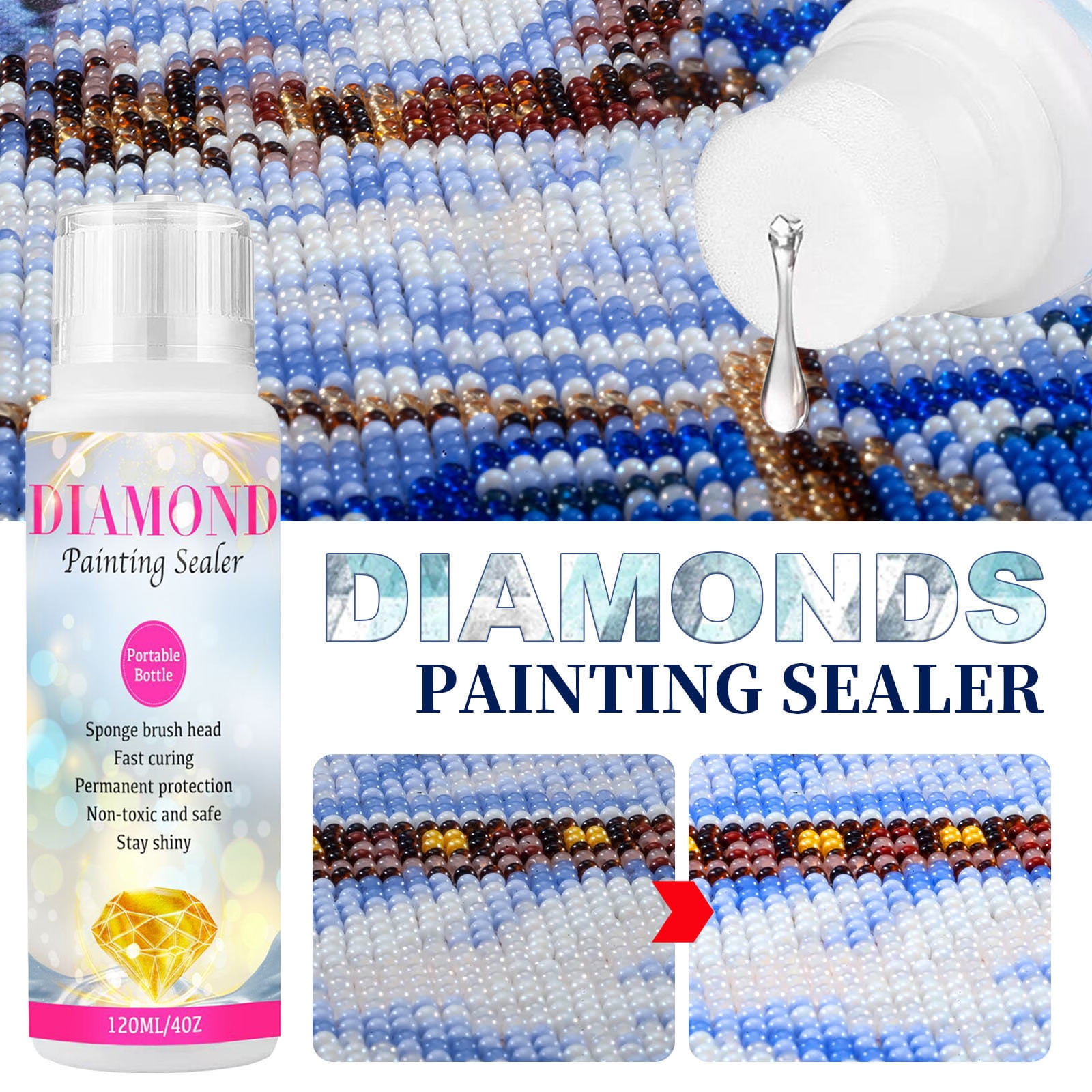 Eitseued Diamond Painting Sealer Diamond Painting Sealer 120ml with Sponge Head 5D Diamond Painting Glue Permanent Hold & Shine Effect DIY Conserver