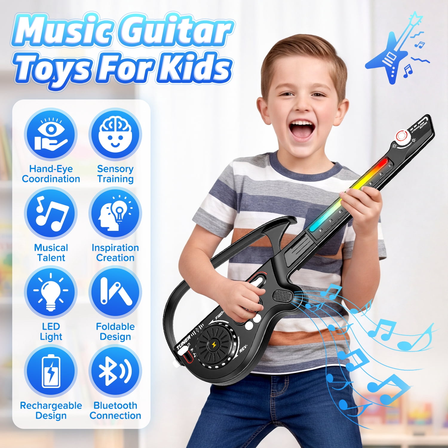 Freecat  Kids Toy Guitar for Toddlers Ages 3 4 5 6 Years, Cool Black Toy Guitar Set with DJ and Bluetooth and Multiple Musical Effects, Christmas and Birthday Gift for Boys Girls.
