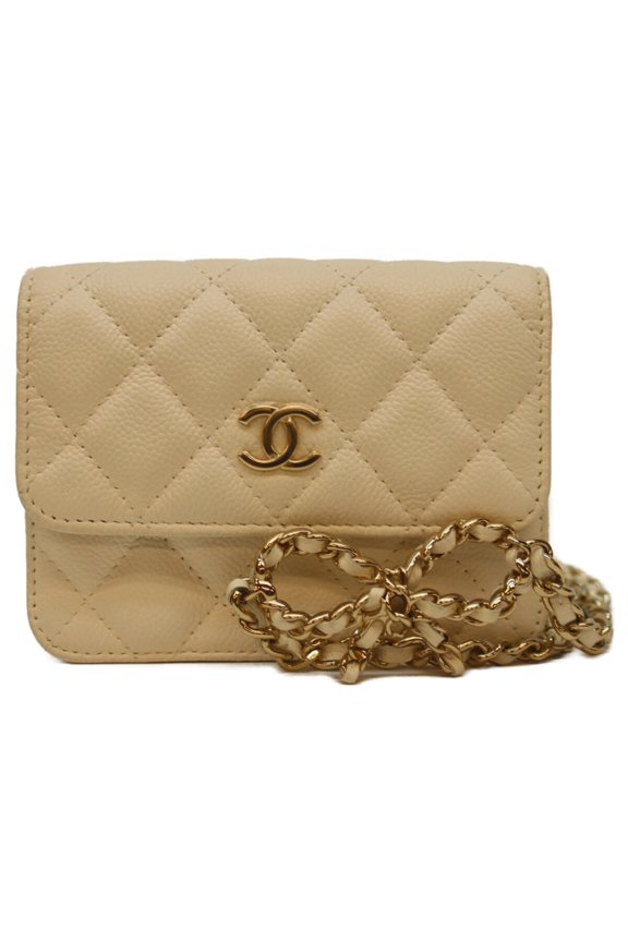 Pre-Owned CHANEL AP3352 White Caviar Matelasse Ribbon Chain Belt Mini Pouch Shoulder Bag with...