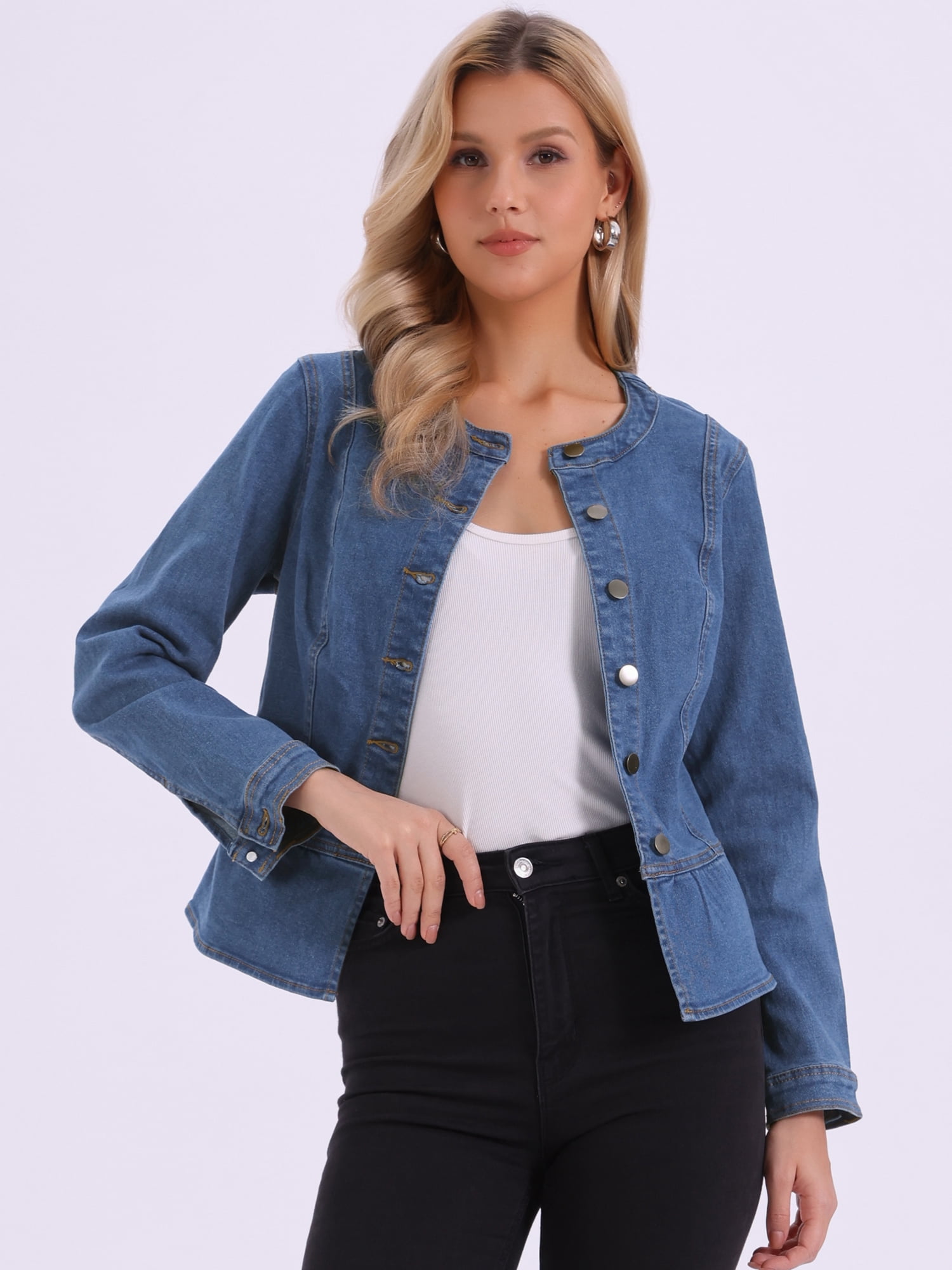 DARING DIVA Women's Peplum Hem Button Down Collarless Jean Jacket XS Blue