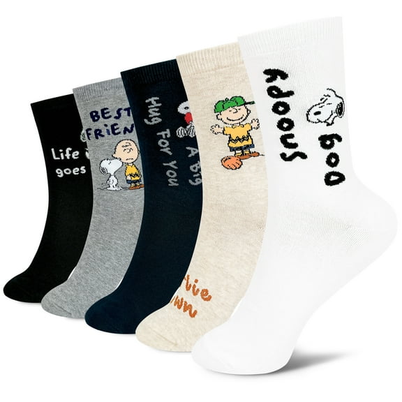 The Peanuts Snoopy Women and teen girls Cartoon Character Series Licensed Socks Assorted Colors 5 Pack Set Collection