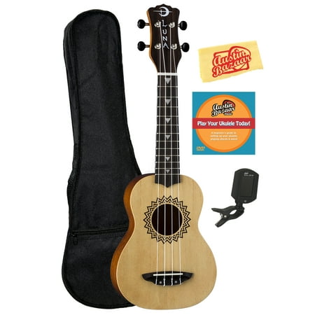 Luna Vintage Spruce Soprano Ukulele Bundle with Gig Bag, Tuner, Austin Bazaar Instructional DVD, and Polishing Cloth