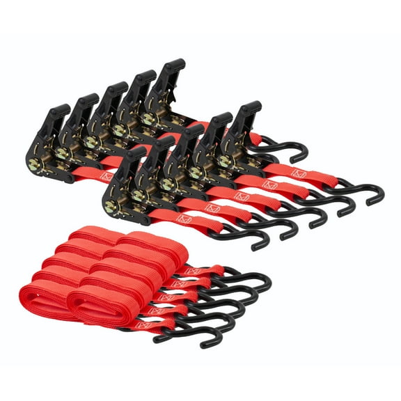 (10 Pack) 1" x 10' Ratchet Strap with S Hook - Red
