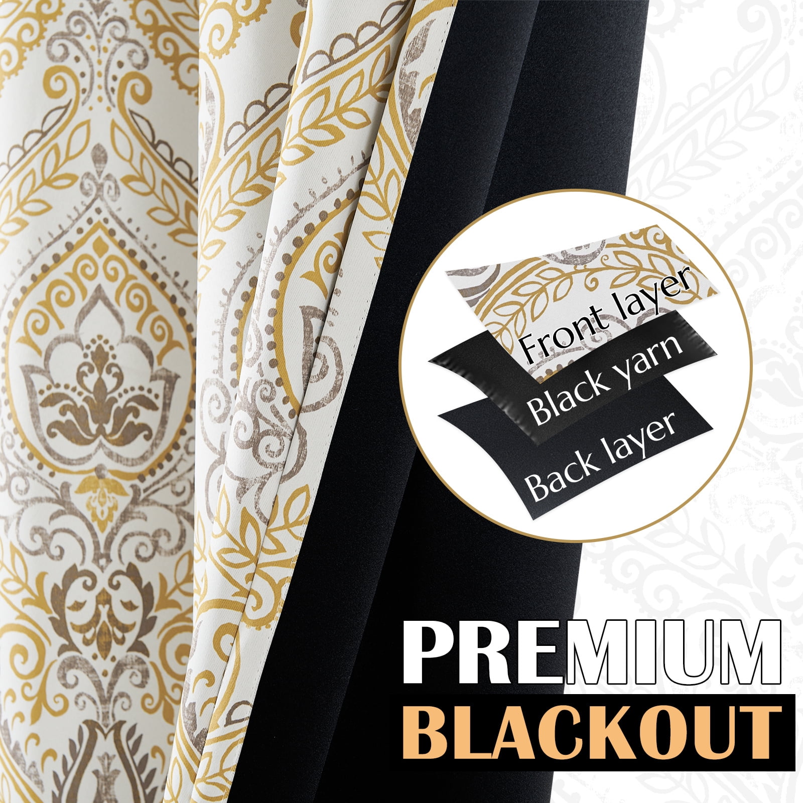Curtainking 100% Blackout Curtains 84 in Yellow Damask Medallion Window Curtains for Bedroom Grommet Thermal Insulated Drapes for Living Room Vintage Luxury Window Treatments Set 2 Panels