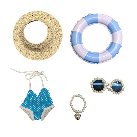5-Piece Doll Clothes Swimsuit Set | Straw Hat, Pearl Sunglasses, Blue Plaid Swimming Suit, Pearl Necklace & Swim Ring for 14-17cm Labobo Labibu (No doll)