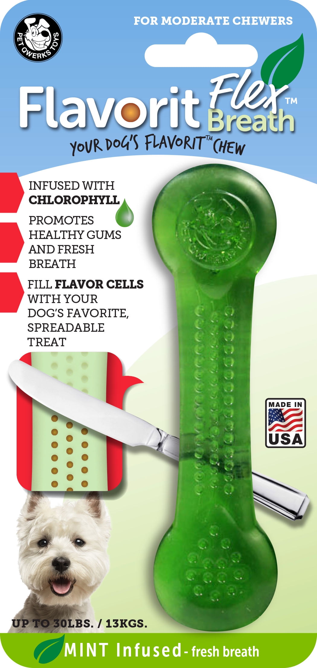 Pet Qwerks Flavorit Flex Breath Bone Dog Chew Toy, Mint Flavor, Medium