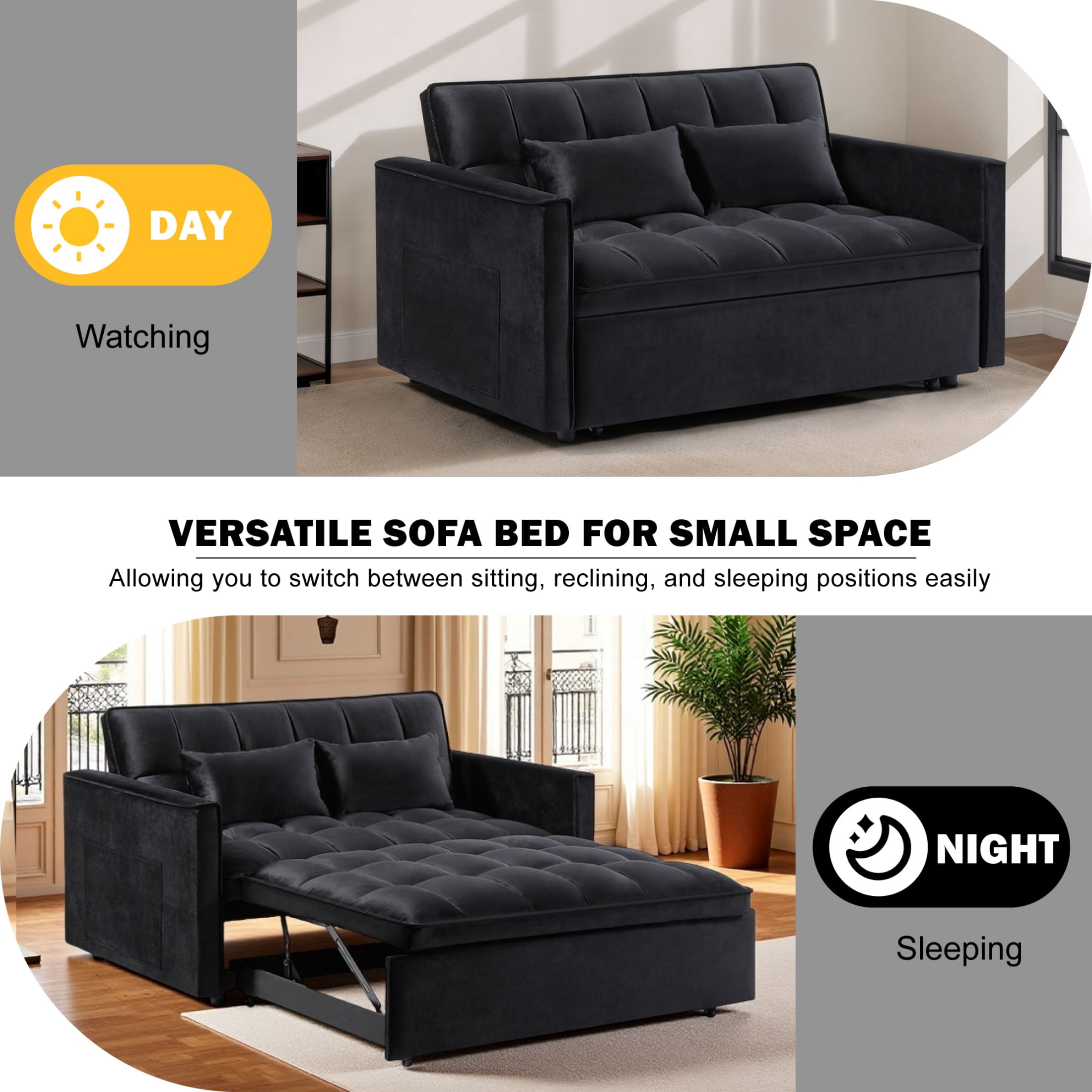 Gewnee 54" Modern Convertible Velvet Futon Sofa Bed with Pull-Out Sleeper and Adjustable Backrest, Loveseat Couch for Living Room or Office (Black)