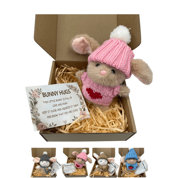 Mini Bunny Hug Cute Easter Gift, 2026 New Handmade Soft Plush Rabbit Stuffed Animals Toys, Mini Bunny Hugs in Box with Card, Great for Easter Basket, Mother's Day, Valentine's Day, Birthday Pink