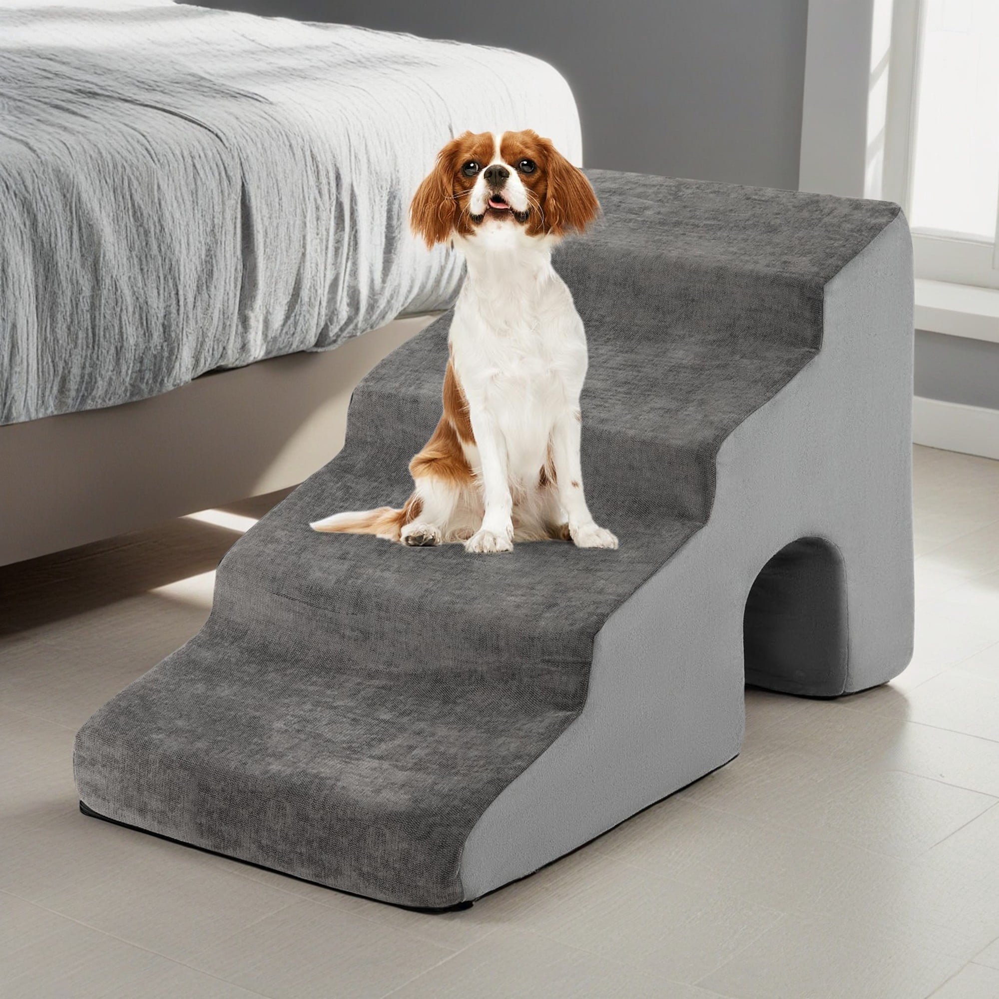resenkos 27" Pet Stairs for Small Dogs with Arch, 4-Step Dog Ramp for Beds and Couch, Non-Slip Balanced Indoor Step, Gray