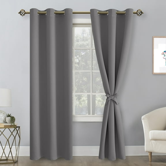 Hiasan Blackout Curtains for Bedroom, 42 x 84 Inches Long - Thermal Insulated & Light Blocking Window Curtains for Living Room, 2 Drape Panels Sewn with Tiebacks, Light Grey
