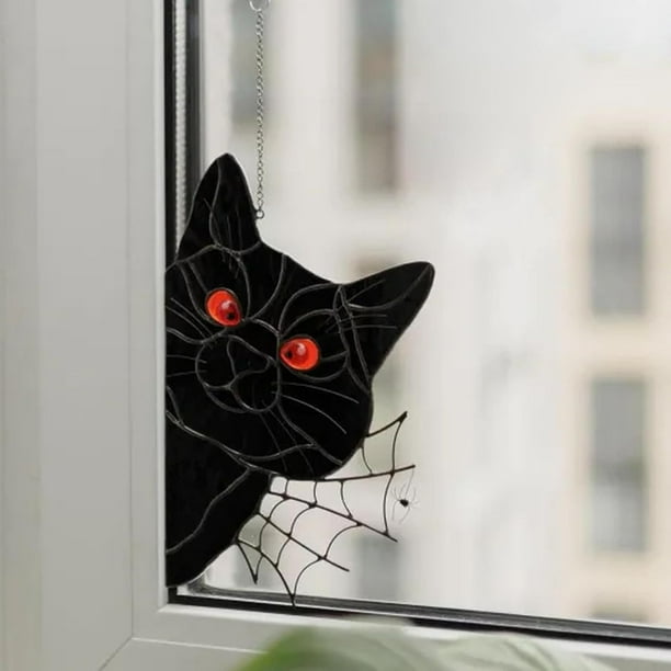 Decoración divertida para esquinas de ventanas, atrapasol de gato negro para Halloween, colgante de ventana de gato negro, atrapasol de gato negro que mira fijamente, decoración navideña de otoño para