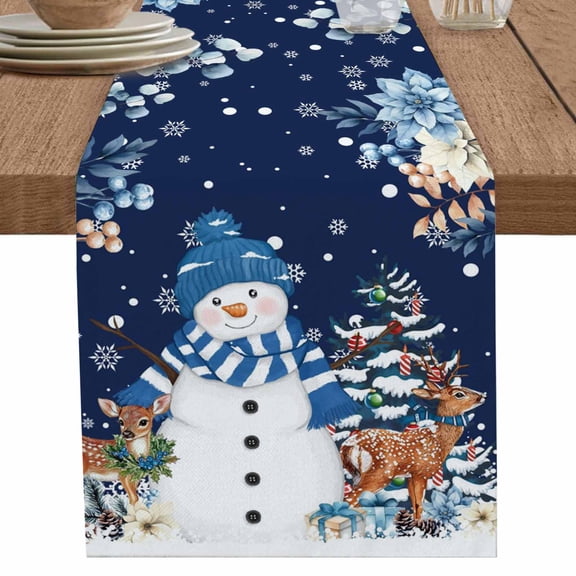 nqOlkjepod Christmas Navy Table Runner 90 Inches Long Farmhouse Dress Scarves, Snowman Elk Eucalyptus Snowflakes Xmas Tree Dining Tablerunner for Coffee Table/Kitchen Island/Party Décor, 13" x 90"