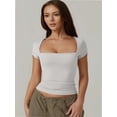 thumbnail image 3 of Women Square Neck Crop Top Short Sleeve T Shirts Slim Fitted Tops Cute Summer Basic Tees Trendy, 3 of 6