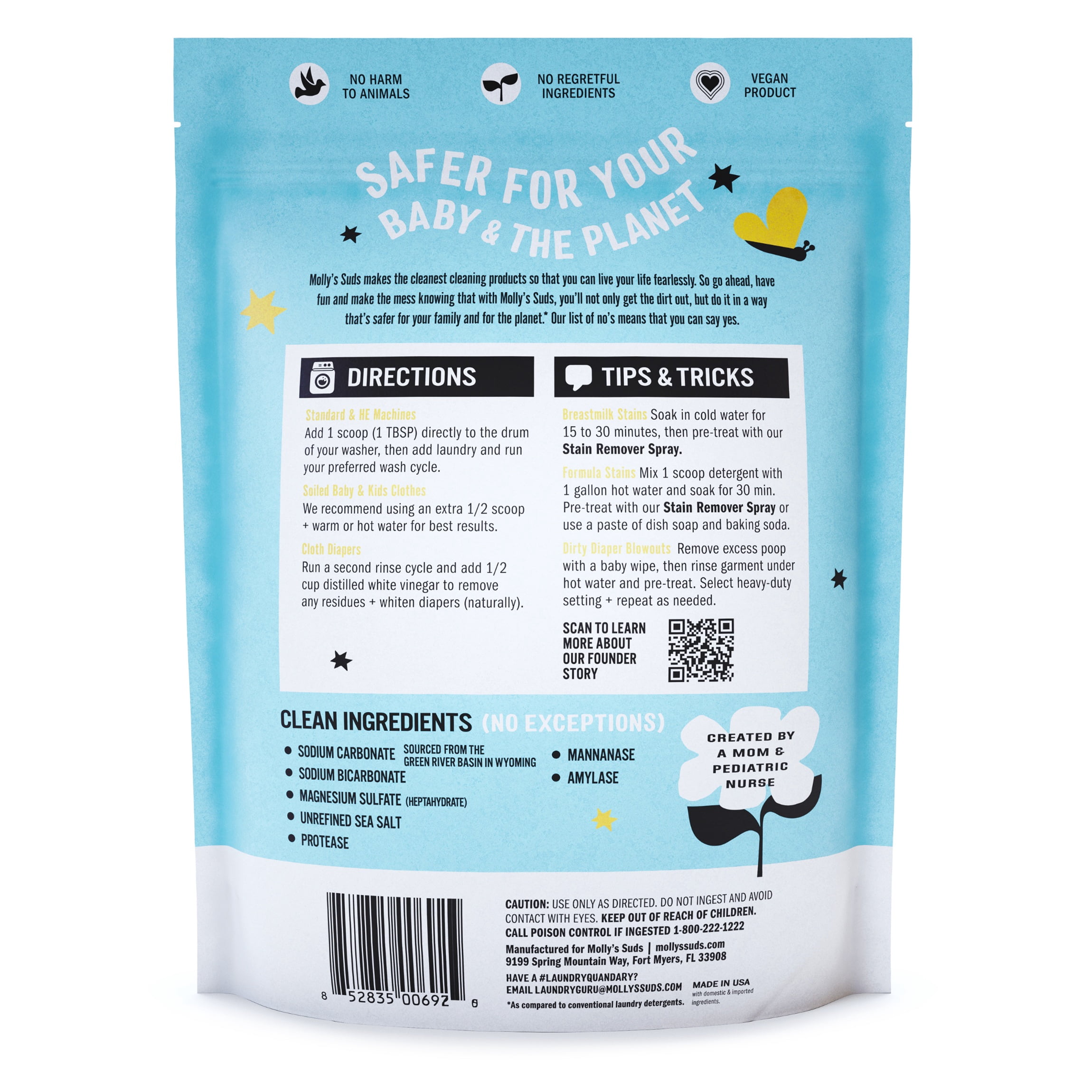 Molly's Suds Baby Laundry Detergent Powder, Removes Formula, Poop & Spit-Up Stains, Extra Gentle for Newborns, 64 Loads (Fragrance Free)