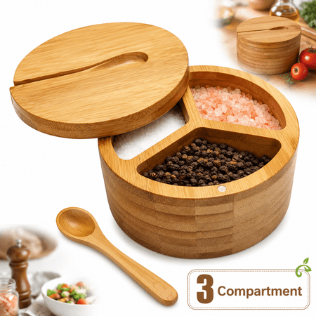Sherry Bamboo Salt and Pepper Box, 3 Compartment Salt and Pepper Cellar, Salt and Pepper Bowls With Lid and Spoon,Spice Condiment Holder for Kitchen