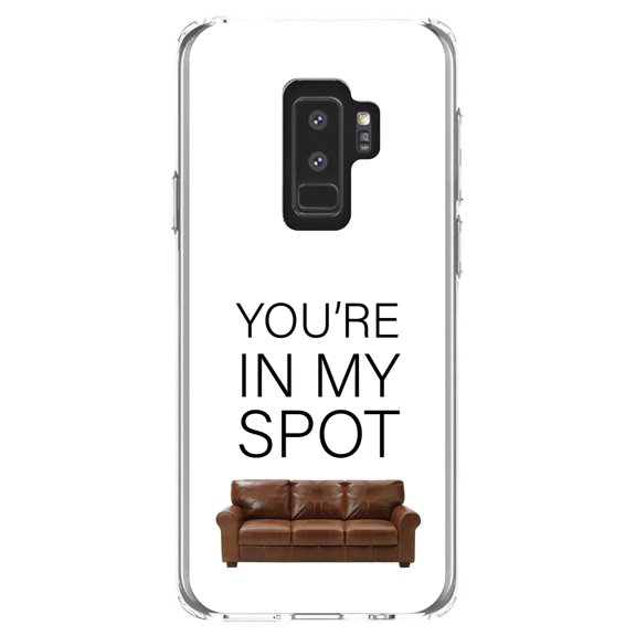 DistinctInk Clear Shockproof Hybrid Case for Samsung Galaxy S9  PLUS (6.2" Screen) - TPU Bumper, Acrylic Back, Tempered Glass Screen Protector - Brown Couch "You're in My Spot"