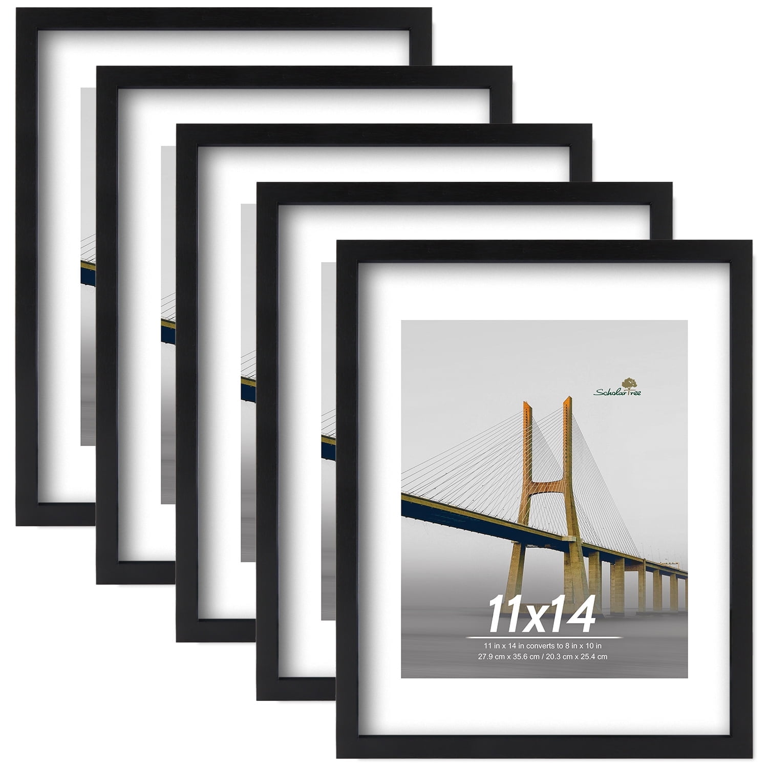 Scholartree 11 x 14 5-in-1 Wood Picture Frames Set-11x14 Matted to 8x10 Wall Frames, Black