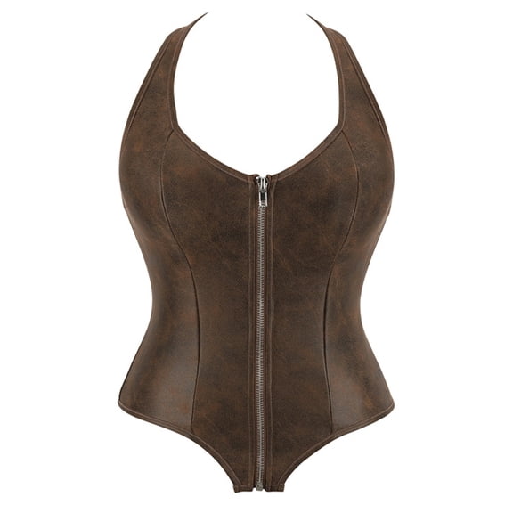 Women's Distressed Leather Halter Front Zipper Corset Vest Hourglass Tummy Control Shaping Bodice for Steampunk Renaissance Cosplay