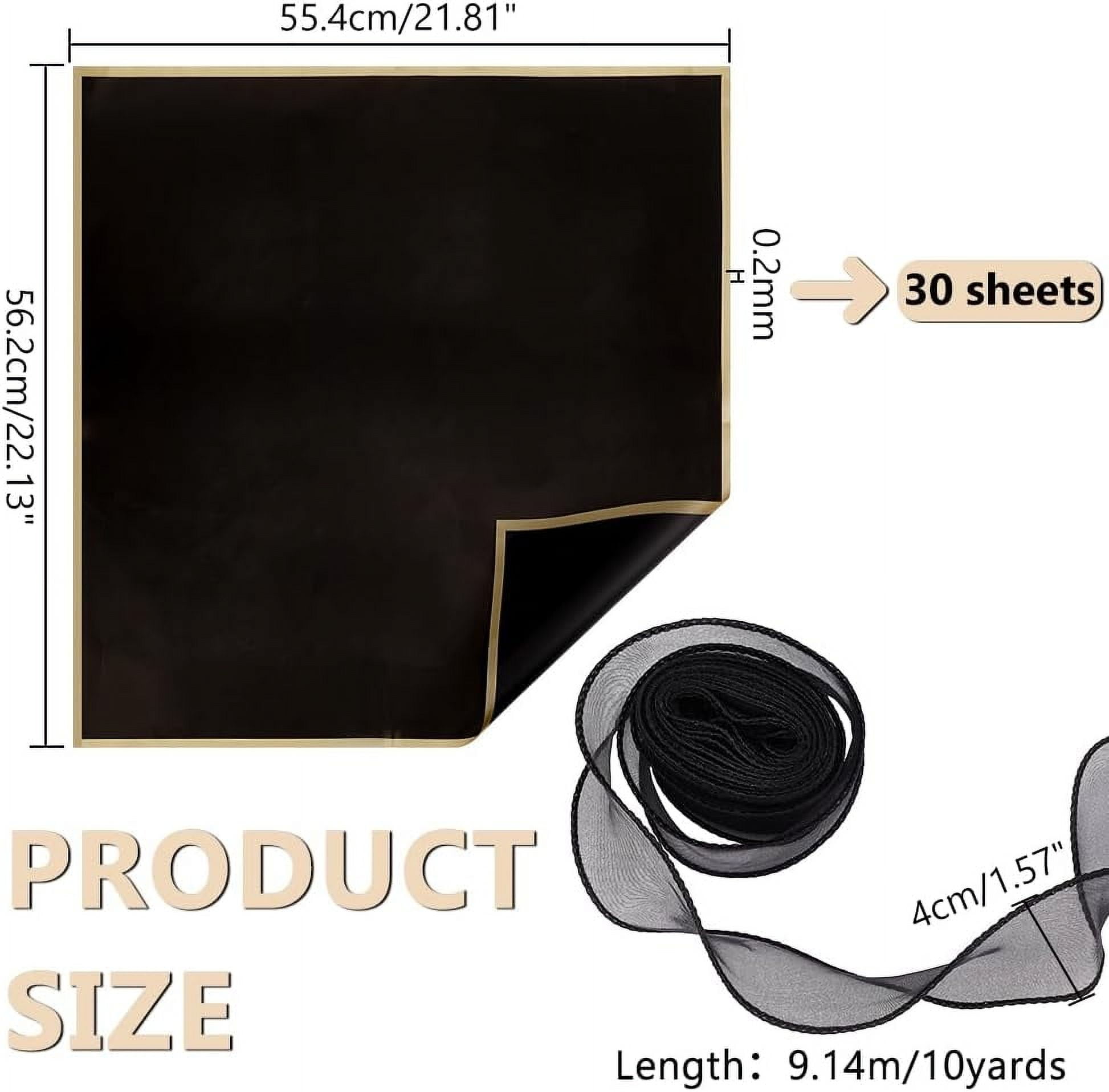 PH 22x21 Inch Flower Wrapping Paper 30 Sheet Florist Bouquet Supplies Black Waterproof Wrapping Paper Flower Decoration Lace Ribbon for DIY Crafts Gift Box Packaging 10 Yards Gold