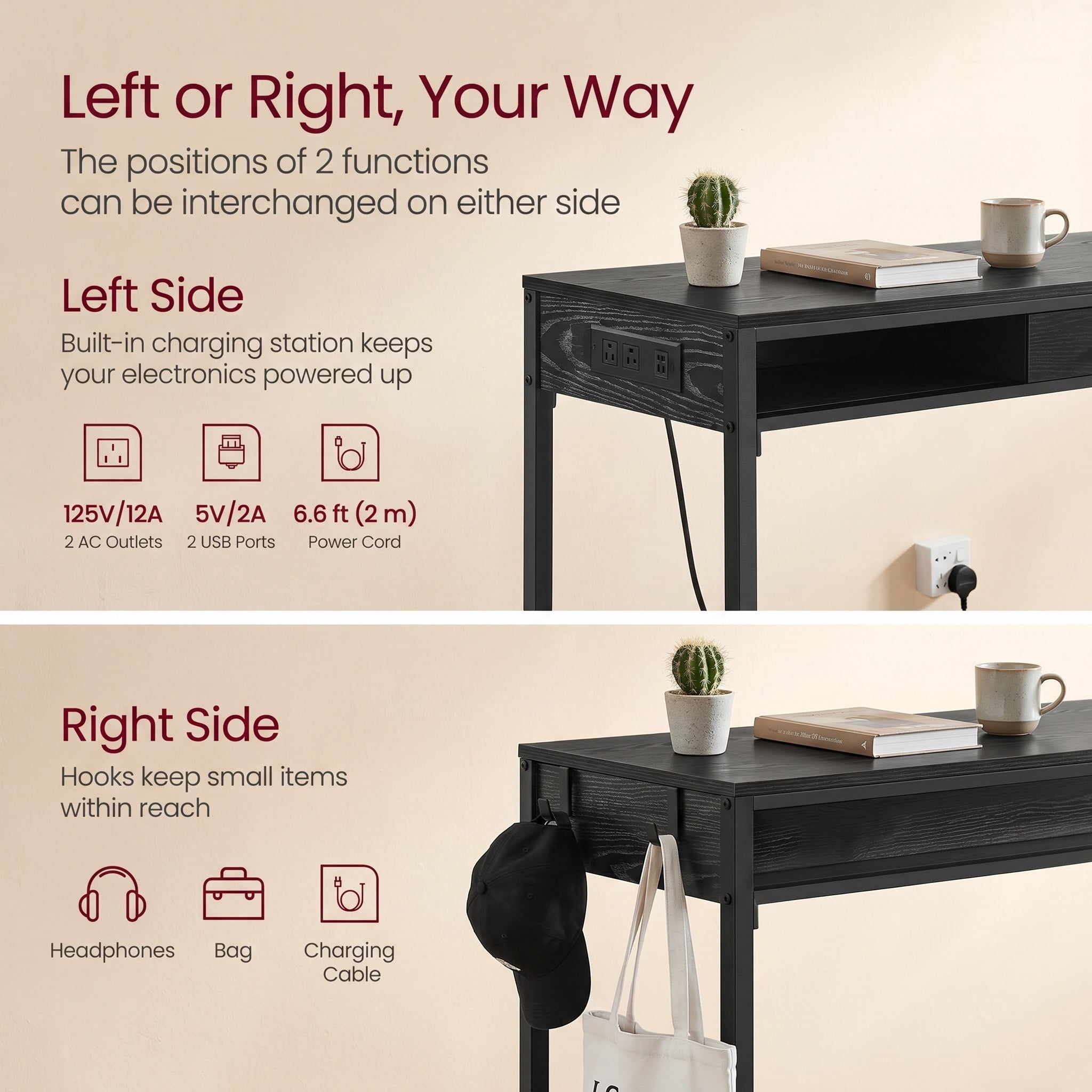 Nordic Hygge Bar Height Pub Table with Storage and Built-In Power Strip, Fabric Drawer, and Side Hooks
