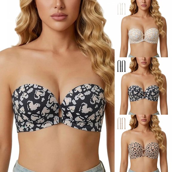 Miorin Under $2 Front Clip Front Closure Strapless Bra for Women, Leopard Print Convertible Multi‑Way Push‑Up Underwire Bra, Plunge Party Wedding Brassiere with Removable Straps