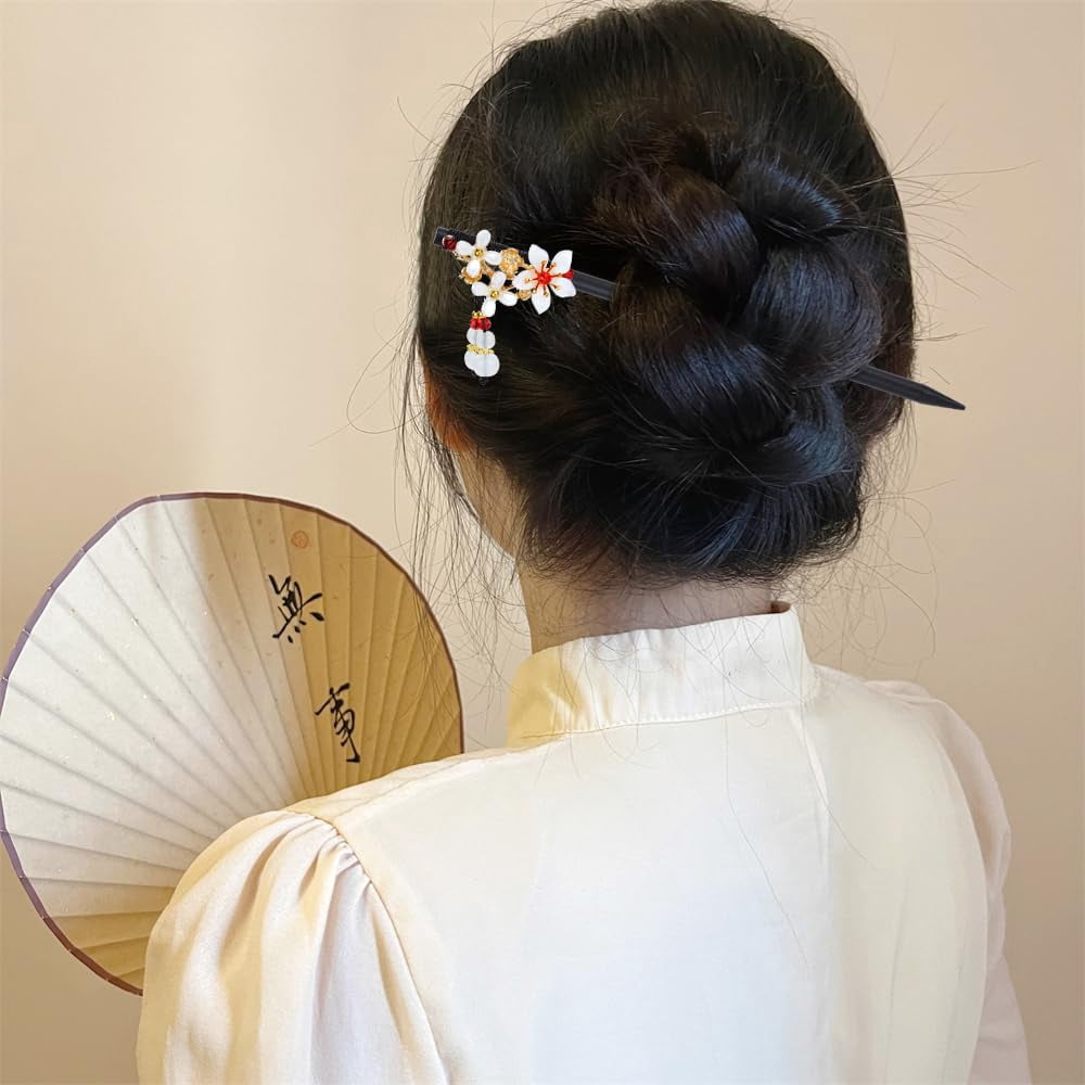 8pcs Wooden Hair Sticks, Chinese Wood Hair Pins with Tassel Pendants, Crystal Beads Flower Long Hair Chopstick Picks With Charm for Twist Bun Holder Fork Hair Slides Hair Accessories for Women