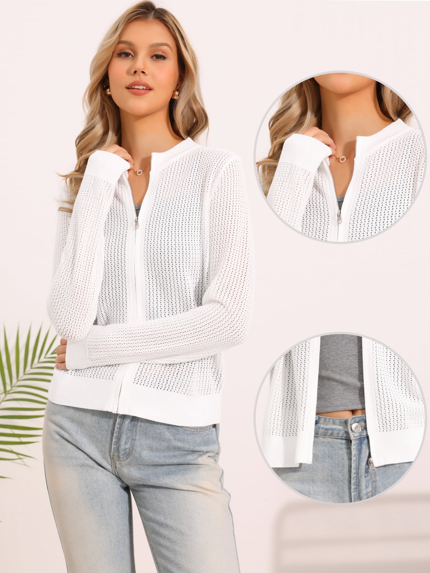 DARING DIVA Women's Crochet Lightweight Long Sleeve Zip Up Knit Sweaters S White