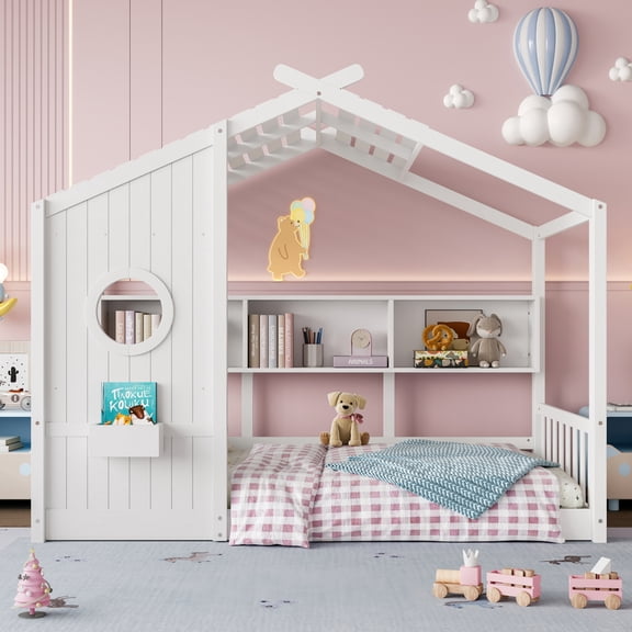 Twin Size Floor House Bed , Montessori Bed with Storage Shelf, Playhouse Bed with Roof Design, White
