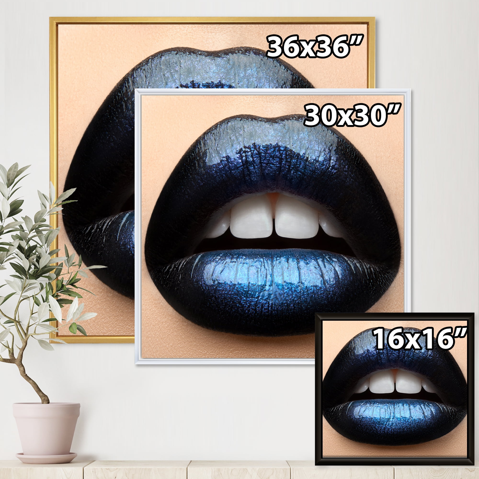 Designart 'Girl Lips With Black and Blue Lipstick' Modern Framed Canvas Wall Art Print