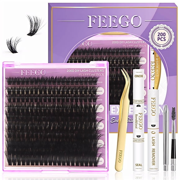 FEEGO Lash Extension Kit 200D Fluffy 10-20MM D Curl Lash Clusters Eyelash 160pcs Extension Kit Individual Lashes with Lash Bond and Seal Lash Remover Lash (200D LASH KIT)