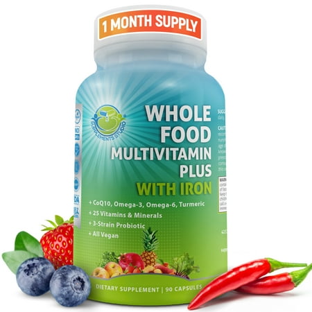 Whole Food Multivitamin Plus for Men & Women, with Iron, Vegan, Organic Fruits and Vegetables, B-Complex, Probiotics, Enzymes, CoQ10, Omegas, Turmeric, All Natural, Non-GMO, 90 count