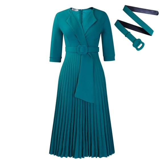 AURA Women’s Pleated Midi Dress Suit Collar High Waist Three Quarter Sleeve Solid Color S XXXL