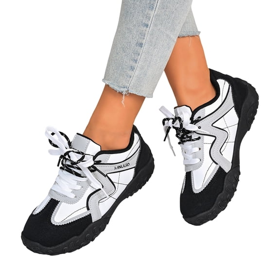 Women's Color Block Athletic Sneakers, Lace Up Non-Slip Rugged Sole Hiking Walking Shoes, Wide Width Available