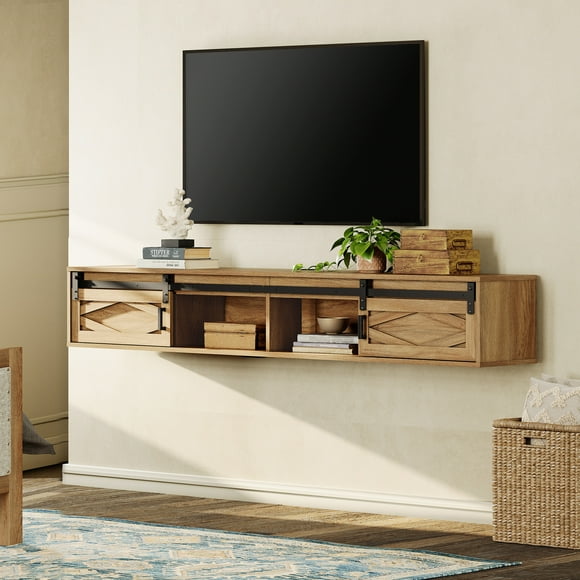 FITUEYES Floating TV Stand Shelf for TVs up to 85 Inch, Floating Entertainment Center with Sliding Barn Door, Brown, 70.8"