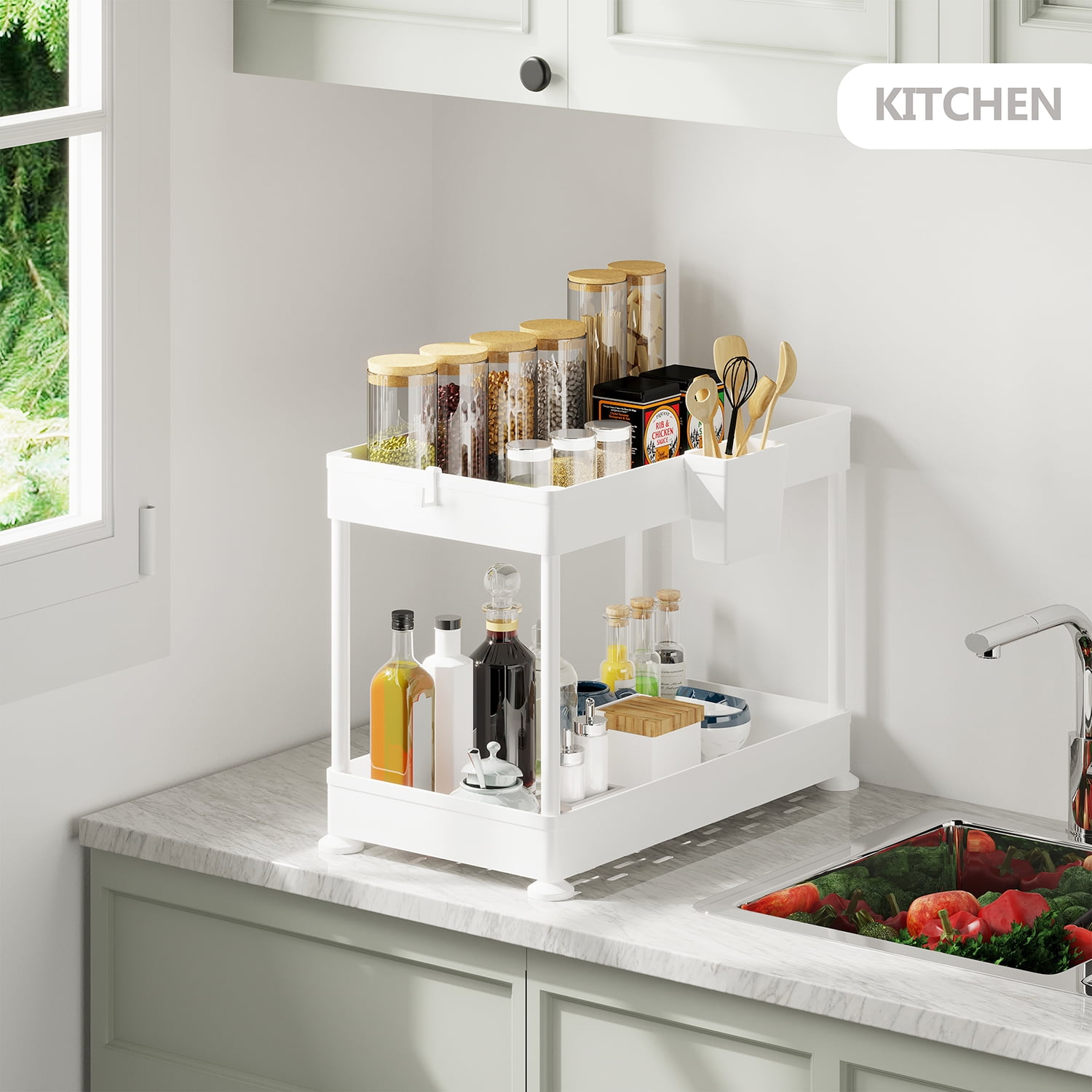 Hearth and Harbor Under Sink Organizer, Bathroom Cabinet Organizer, Utility Hooks And Side Caddy For Under Cabinet Storage, None Slip Grip Under Kitchen Sink Organizer, White (2-Pack)