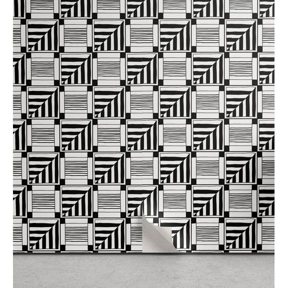 Ambesonne Black and White Peel & Stick Wallpaper for Home, Abstract Sqaure, 13"x72", Black White