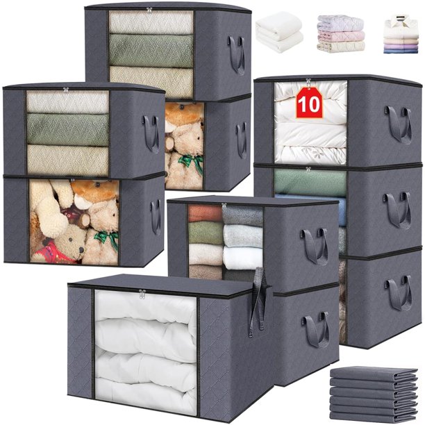 10Pcs Cajas de Almacenamiento XL Grande - 90L Bolsa de Almacenamiento de Ropa de Gran Capacidad, Bolsa de Almacenamiento de Ropas, Tela Gruesa, Transparente, Organizador para Ropa, Edredones