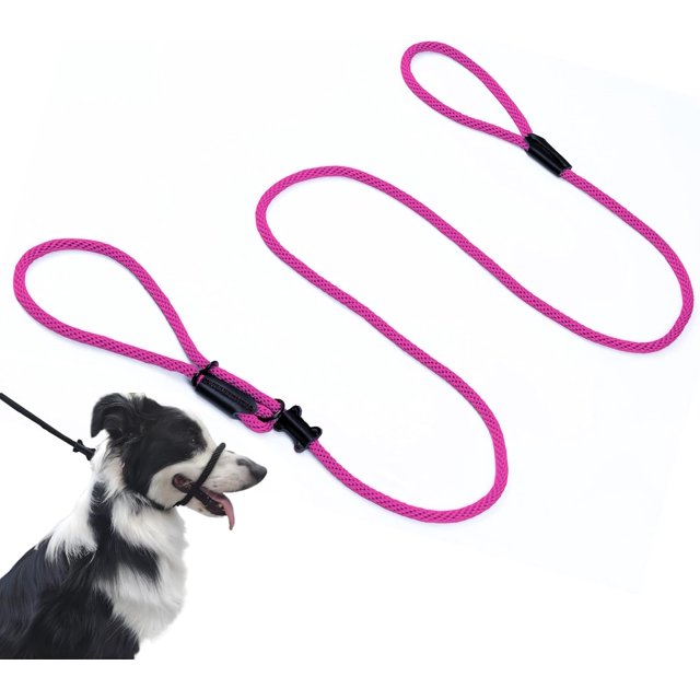 Multifunctional Figure 8 Padded Head Halter Walking Training Leather Stopper Slip Lead Dog Rope Leash (Hot Pink)