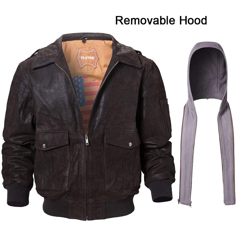 FLAVOR Men's Leather Flight Bomber Jacket Air Force Aviator (3X-Large, Dark Brown Hood)