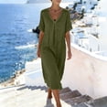thumbnail image 4 of Cotton Linen V Neck Maxi Dress Womens A-Line Flowy Casual Short Sleeve Loose Fitting Summer Daily Wear with Pockets Green M, 4 of 9