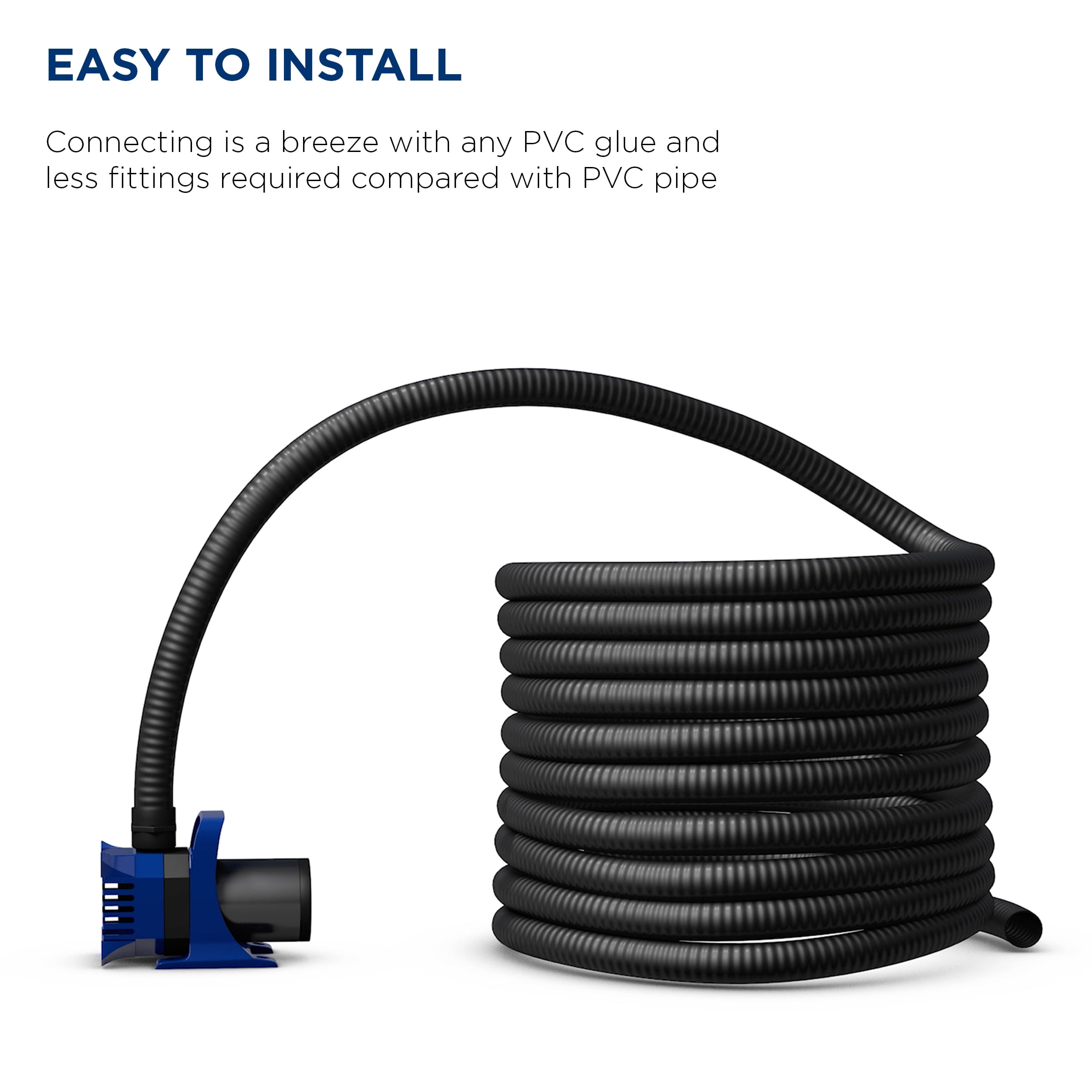 Alpine Corporation 50-Ft Flexible PVC Water Pump Hose with 2-Inch Diameter - Heavy-Duty Black Tubing with S-40 Fittings for Outdoor Ponds, Fountains, Waterfalls, and Pools