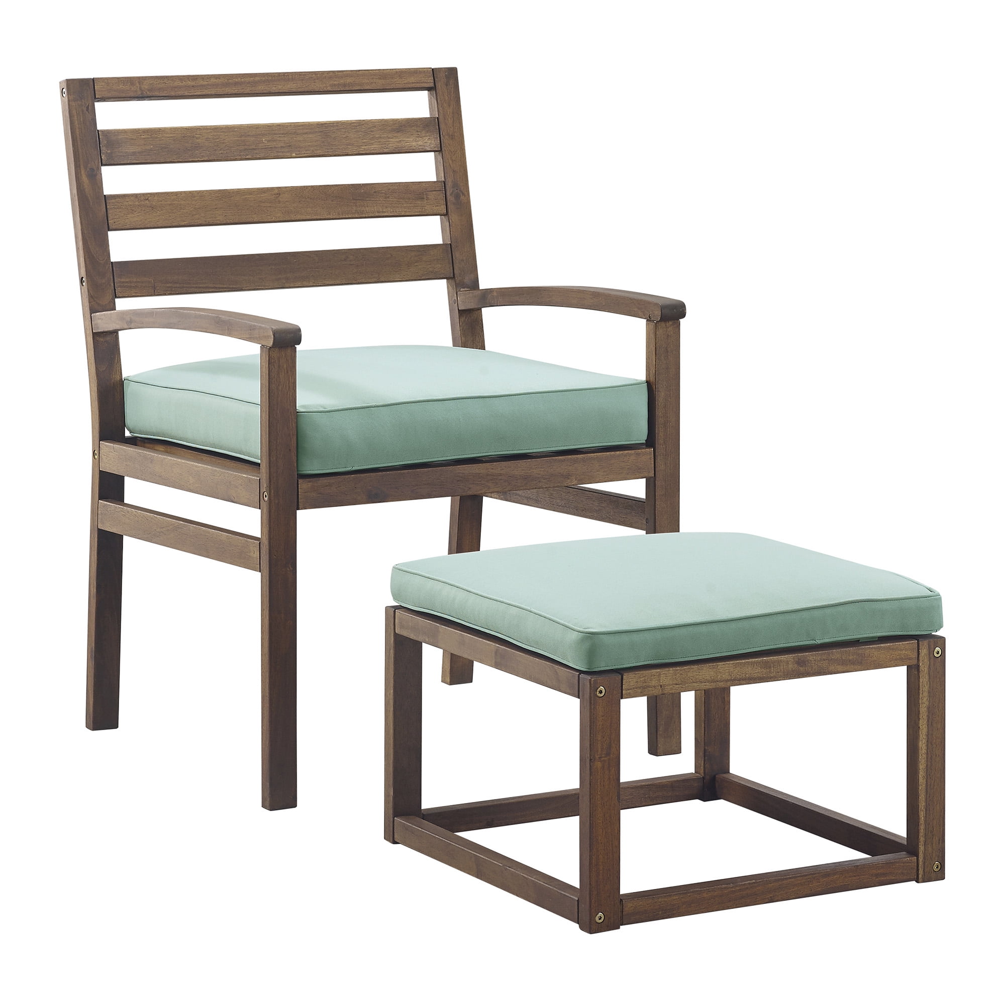 Walker Edison Acacia Wood Outdoor Patio Chair & Pull Out Ottoman - Dark Brown/Blue
