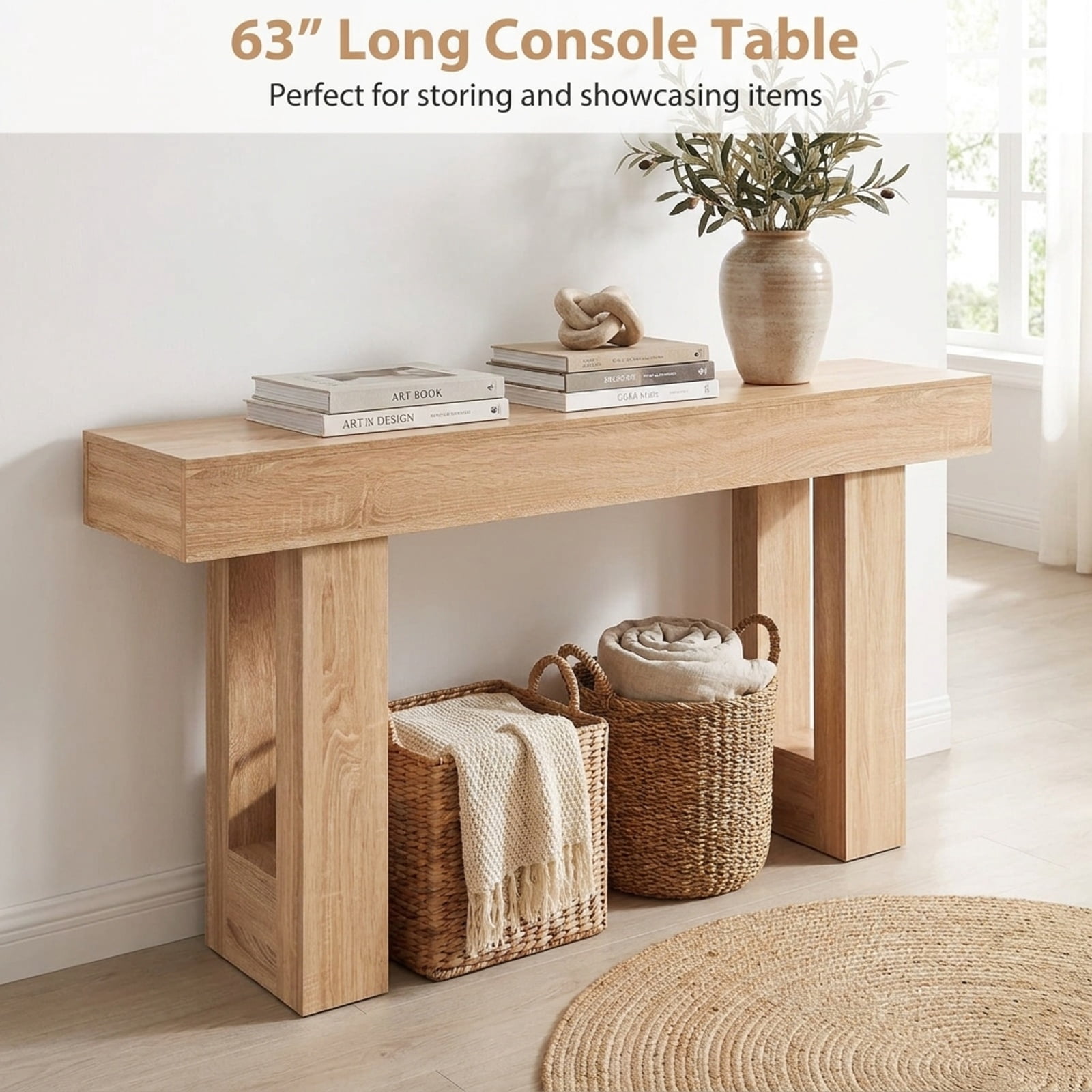 Furnibear 63 Inch Long Console Table Farmhouse Entryway Table with Bottom Storage for Living Room Hallway Foyer Sofa, Natural