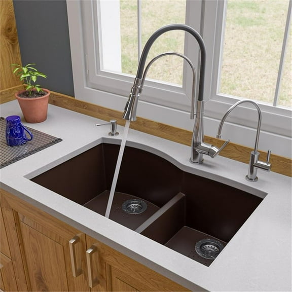 Pemberly Row Chocolate 33" Double Bowl Undermount Granite Composite Kitchen Sink