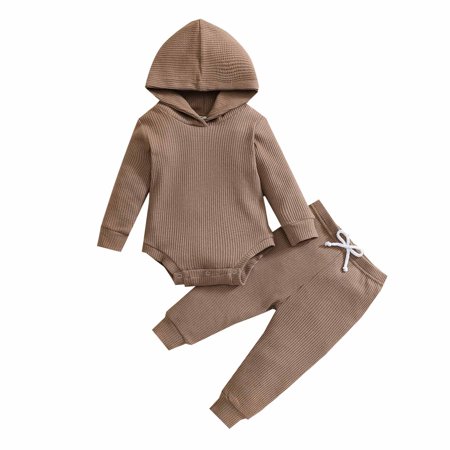 

YWDJ 0-24 Months Outfit Sets for Girls Fall Crew Neck Waffle Solid Hooded Romper Pants Headband Suit Brown 18-24 Months