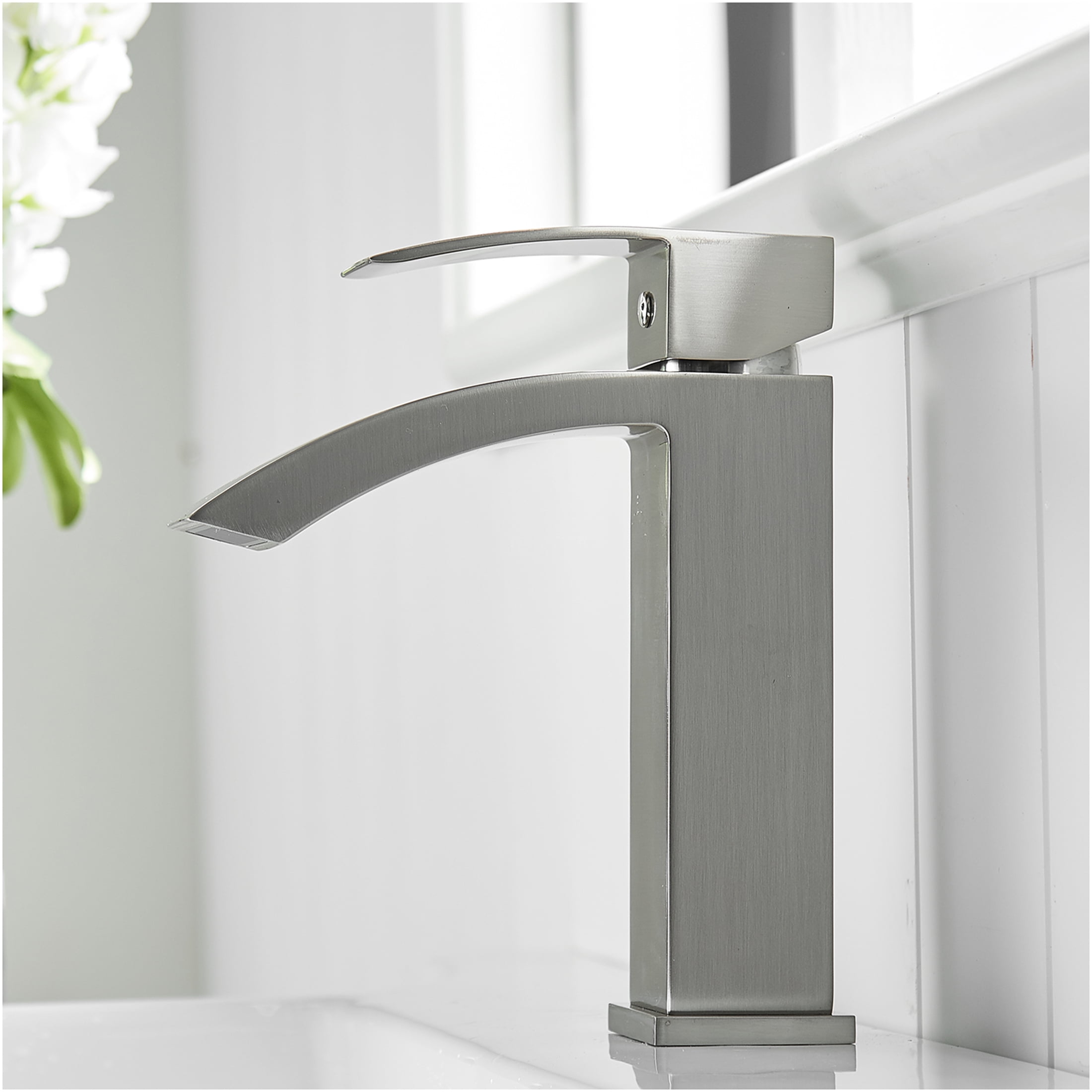JERFIT Modern Single Handle Bathroom Sink Faucet, Brushed Nickel Waterfall Single Hole Vanity Basin Faucet with Ceramic Cartridge