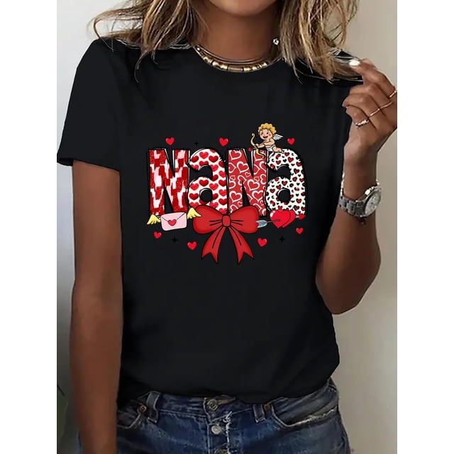 Women'S Fashion Sports T-Shirt with Angel Cupid Heart & Bowknot Print, Comfortable Crew Neck Short Sleeve Tee, Medium Stretch, All Season, Ideal Gift for Mom on Valentine'S Day Tee Tee For Adult, Men